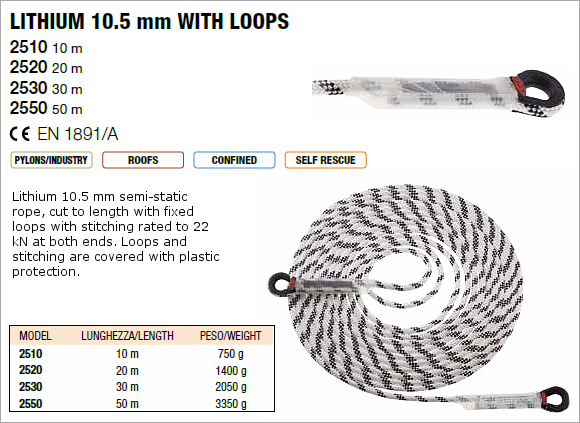 CAMP 2510-2550 - Lithium 10.5 mm (Semi-Static) Rope With Loops | Max ...